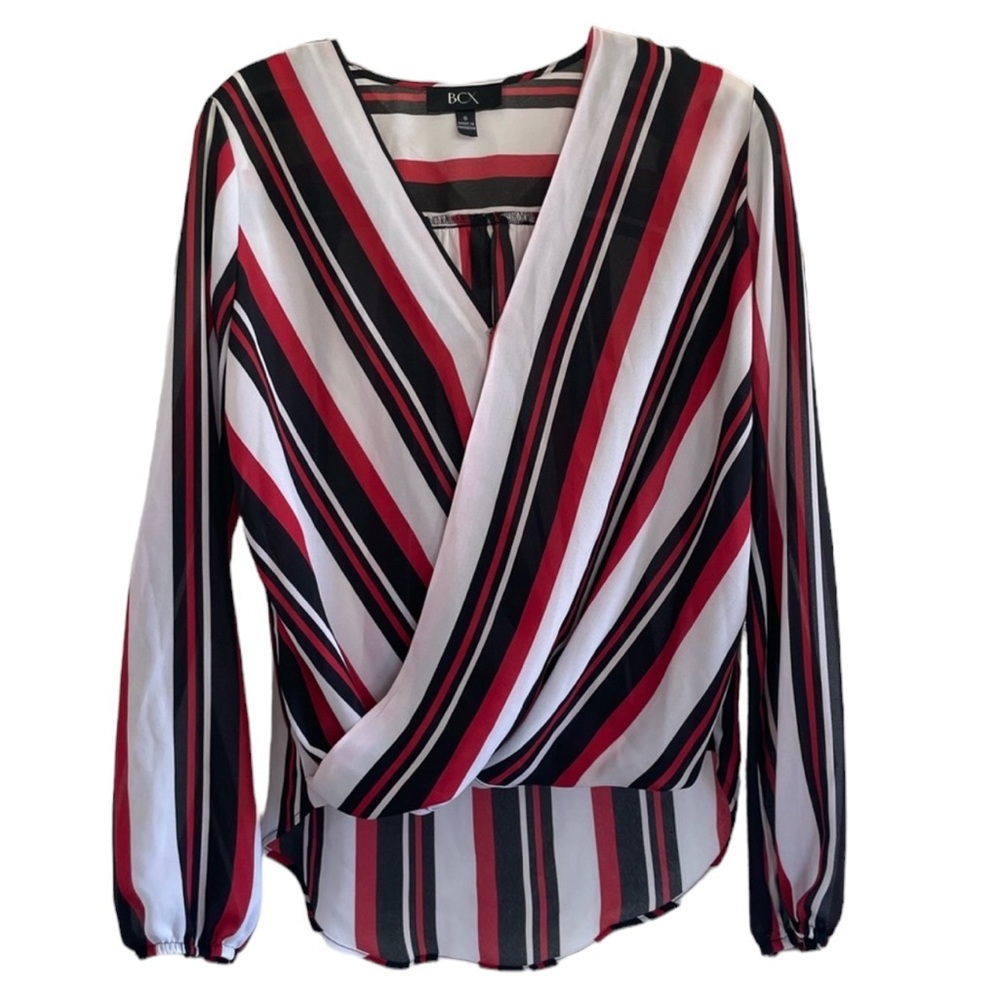 BCX | NWT red striped long sleeve v neck blouse size small